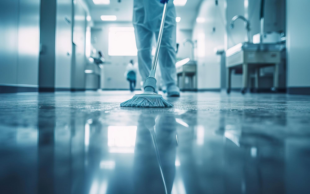 Una persona limpiando el suelo de una fábrica